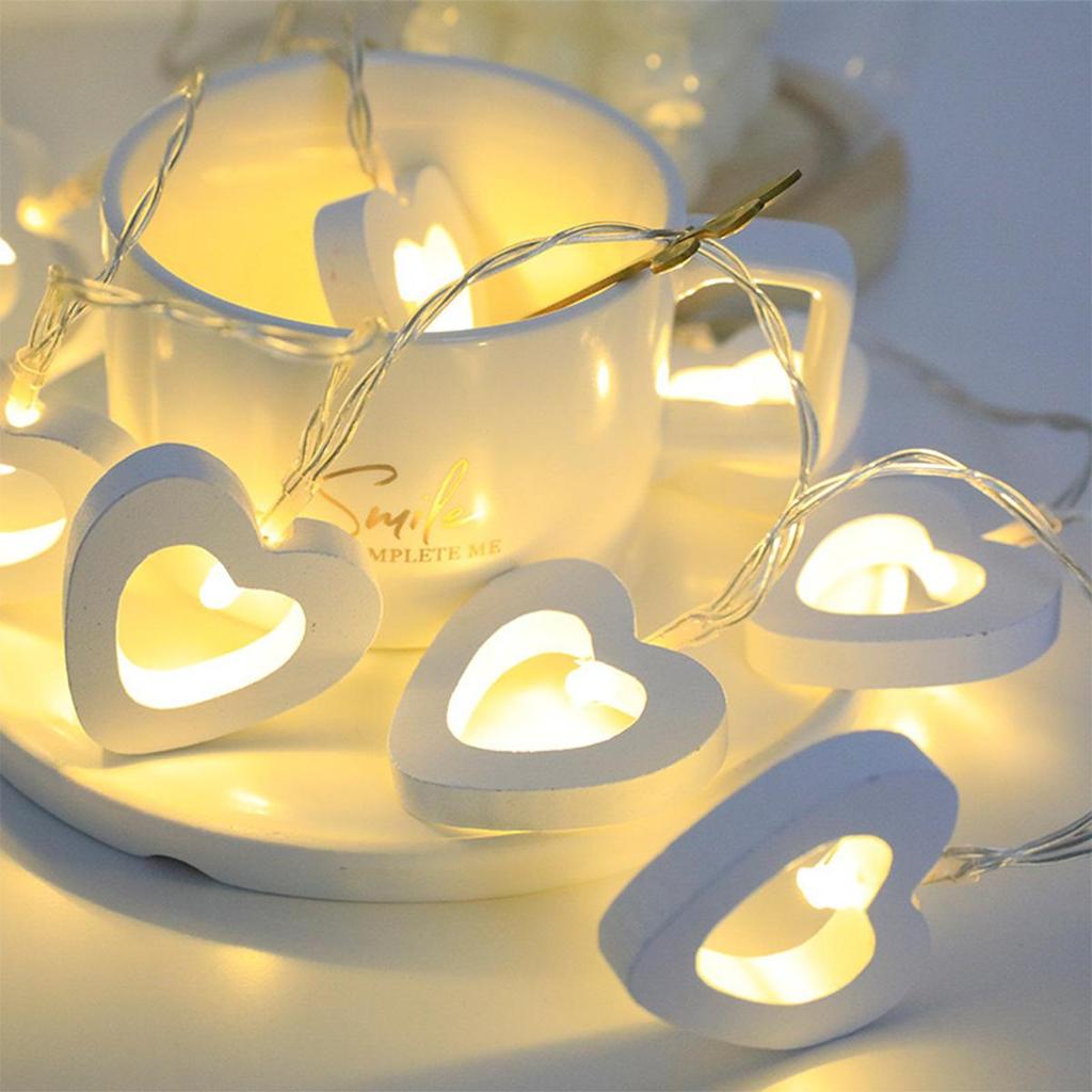 1.5m Wooden String Light Led Lights Battery Operated Fairy Birthday Decoration Decorative Heart Shape White Outdoor Party Indoor
