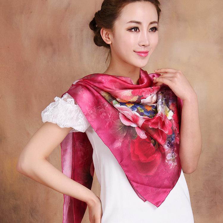 Hot Design 110*110cm 100% Silk Big Square Silk Scarves Fashion Floral Printed Shawl Sale Women Genuine Natural Silk Scarf Shawl