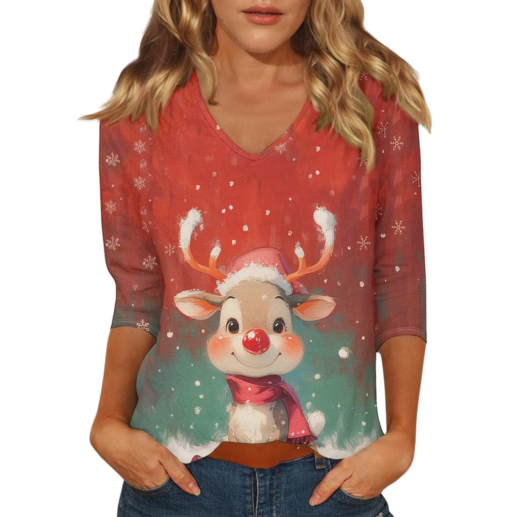 Dámský vánoční potištěný módní ležérní top se sedmiosminovými rukávy a výstřihem do V