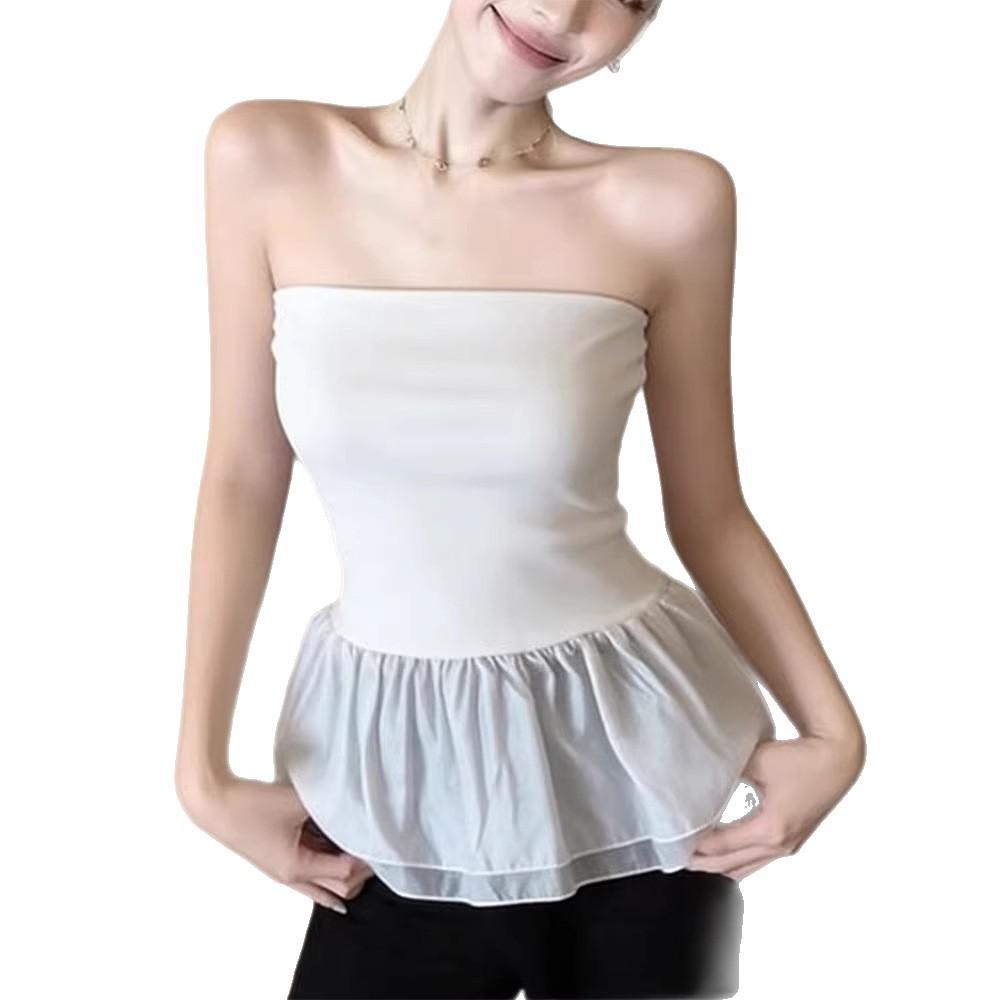 White Ruffle Edge Splicing Tube Top Women's Summer Spice Girl Pure Desire Style Design Sense Niche Slim Top
