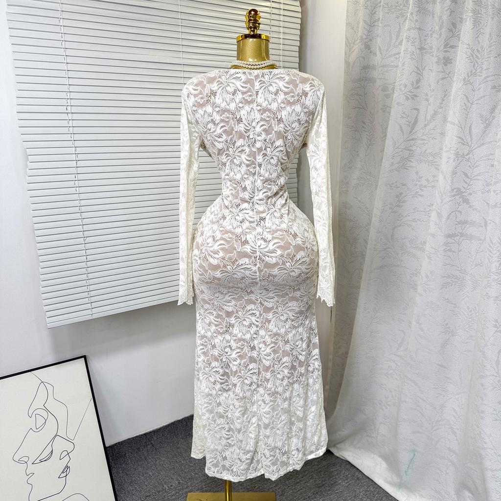 Autumn French Elegant Sexy Lace Hollow V-Neck Long Sleeve Waist Skinny Fishtail Dress Long Dress Women