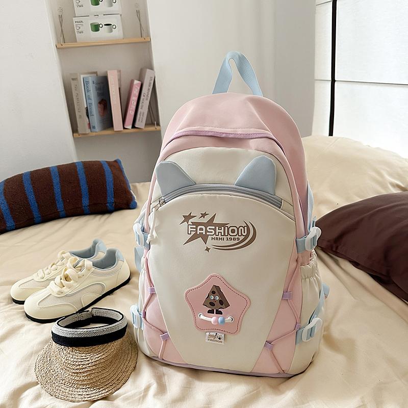 Contrast Color Backpack Women's College Style Lightweight Backpack Cartoon Student Schoolbag