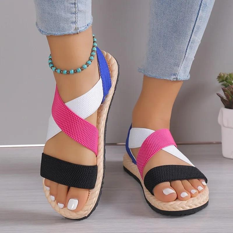 Fashion Ladies Shoes 2025 Hot Sale Elastic Band Women's Sandals Summer Open Toe New Color Matching Plus Size Light Concise Flat Sandals