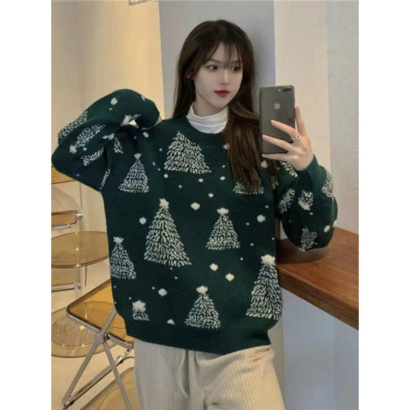 Autumn New Loose Slimming round Neck Super Popular Long sleeve Snowflake Christmas sweater Women Thick Warm Outer Wear Knit