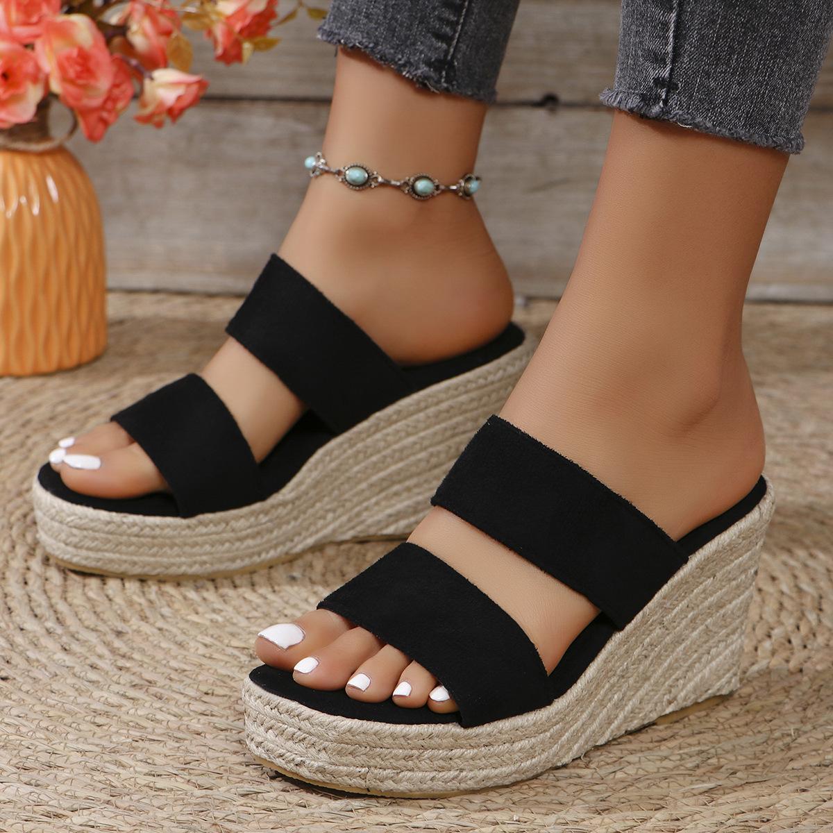 

2024 новые летние европейские и американские босоножки на платформе с наклонным каблуком, большого размера, с повседневным ртом рыбы, толстая подошва, увеличивающая рост 43 чёрный