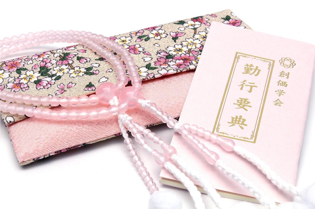 Made In Soka Gakkai Prayer Gift for New Set for Prayer Pink Ground and Cherry Prayer Red Crystal Japan, Beads, Members, Gongyo, 3-piece Women, Beads,