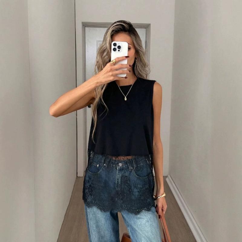 Women s Sleeveless Lace Hem Tunic Round Neck Sheer Floral Mesh Overlay Blouse S