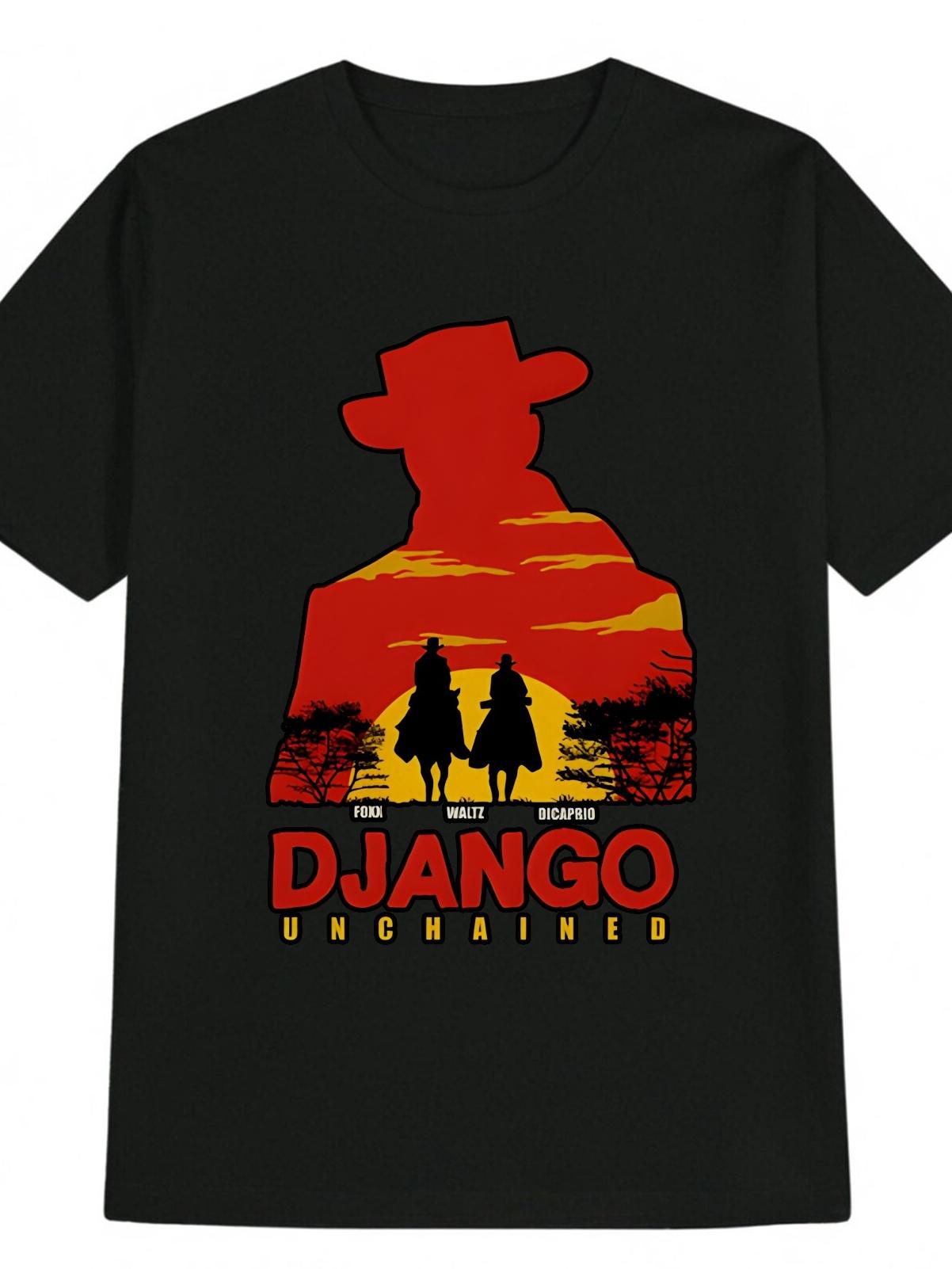 Casual Crew Neck T-shirt with Wide-Brim Hat Cowboy Silhouette Print - Django Unchained Movie Design XXXL