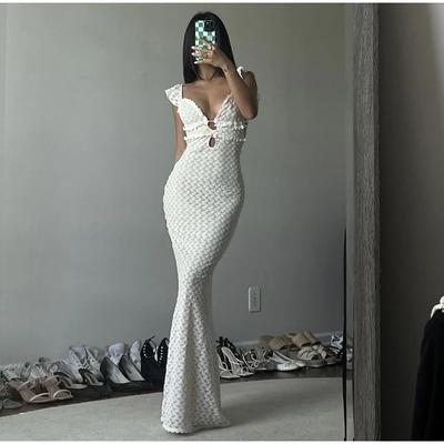 Knitted Backless Women Long Dress Lace Up V-neck Hollow Out Strap Ruffled Holiday Beach Female Robe
