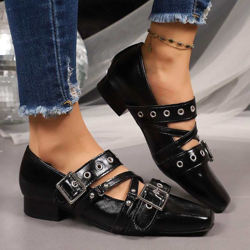 Mary Jane Shoes 2025 Autumn New Vintage Small Square Toe Studded Belt Buckle Soft Sole Low Top Single Shoes