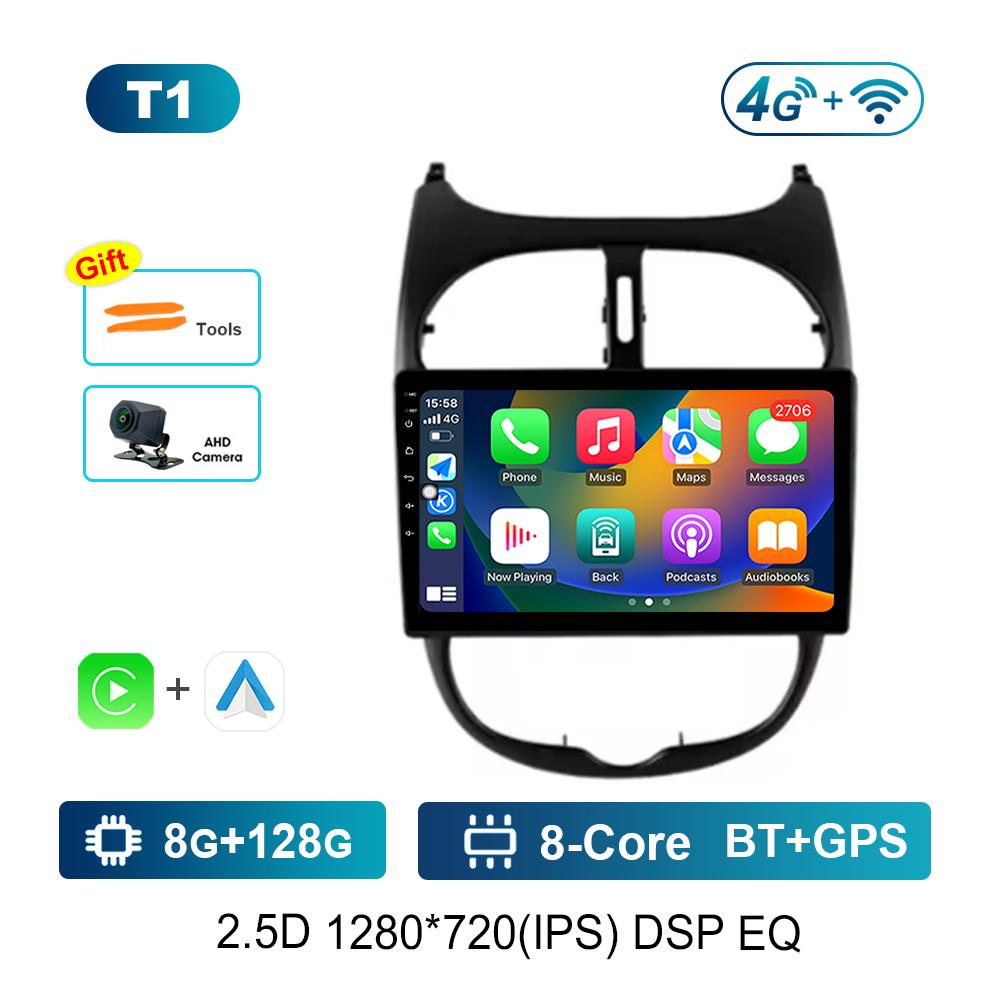 9 Inch Navigation GPS 4G Carplay for Peugeot 206 2001 - 2016 Android OS Car Video Multimedia Player BT QLED Touch Screen WiFi