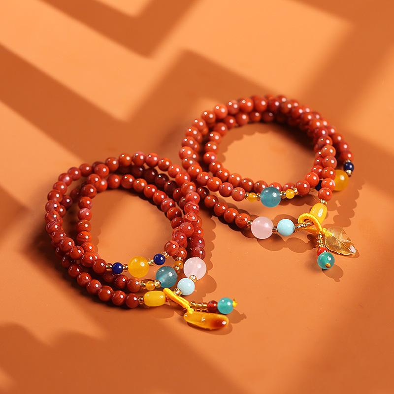 Natural Three-ring Full-bead Southern Red Agate Bracelet with a Natural-shaped Beeswax Pendant, Multi-ring Bracelet, Jewelry