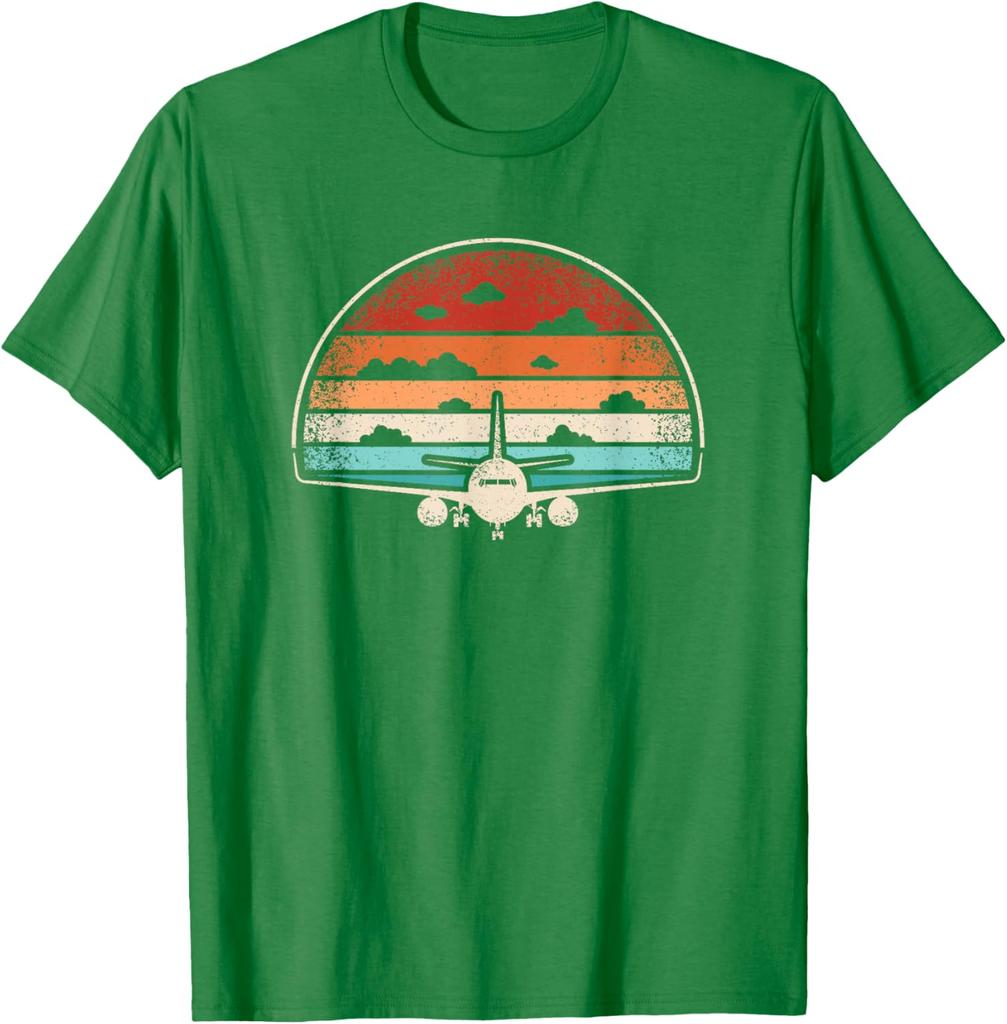 Retro Airplane Sunset Graphic Tee Men's Casual Breathable Cotton T-Shirt Pilot Aviator Flying