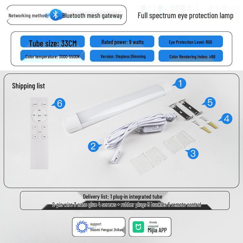 

Smart Dimmable LED Tube Light Strip with Adjustable Brightness for Bedroom - Full Spectrum Eye Protection 0.5m Plug-in Cable