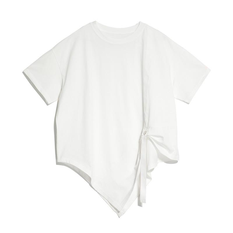 Summer Casual Irregular T-Shirt with Woven Stripes and Loose Short Sleeves