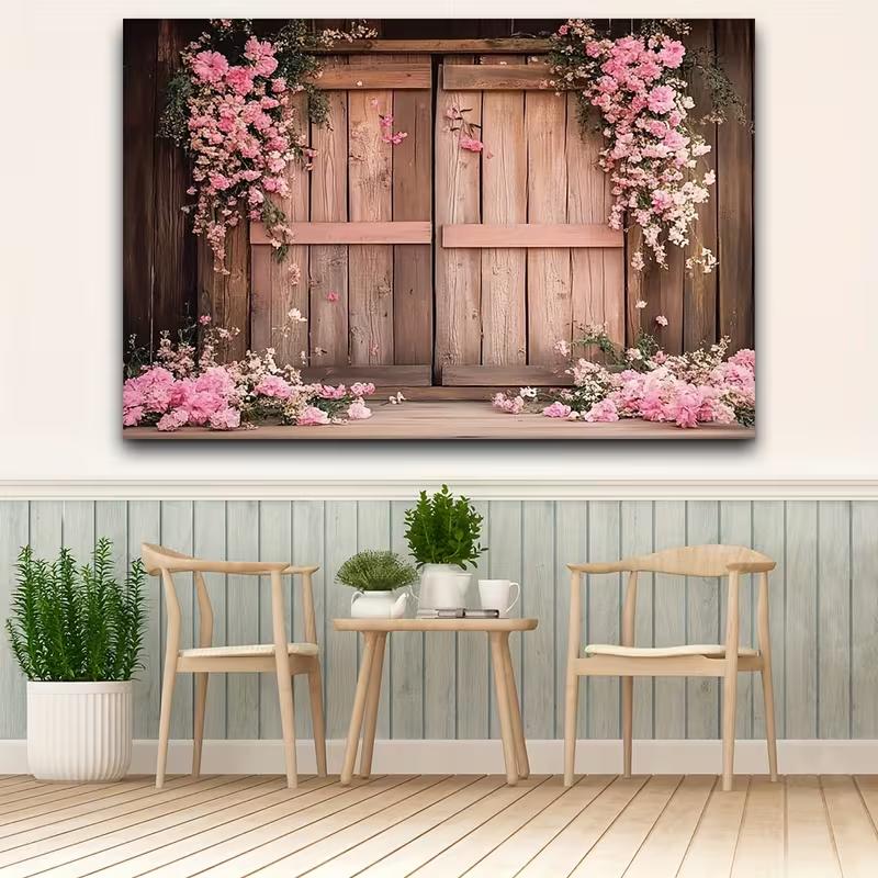 Rustic Pink Floral Barn Door Tapestry, Wedding Background Cloth, Party Backdrop