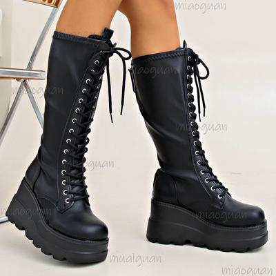 Scarpe con Zeppa per Donna Pelle Nera Suola Spessa Allacciate Stivali a Mezza Gamba Stile Streetwear Donna Zeppe Botas Mujer Tacco Alto