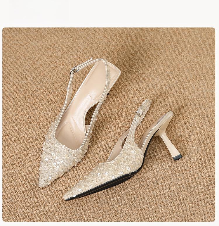 Dámské sandály s špičatou špičkou a jednoslovnou přezkou, luxusní design, boty na podpatku, dámské kožené boty na vysokém tenkém podpatku, elegantní sexy boty se třpytkami