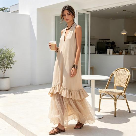 Summer Sleeveless Maxi Dress for Women, Deep V Neck Mesh Patchwork Long Dress, A-line Ruffle Flowy Beach Sundress