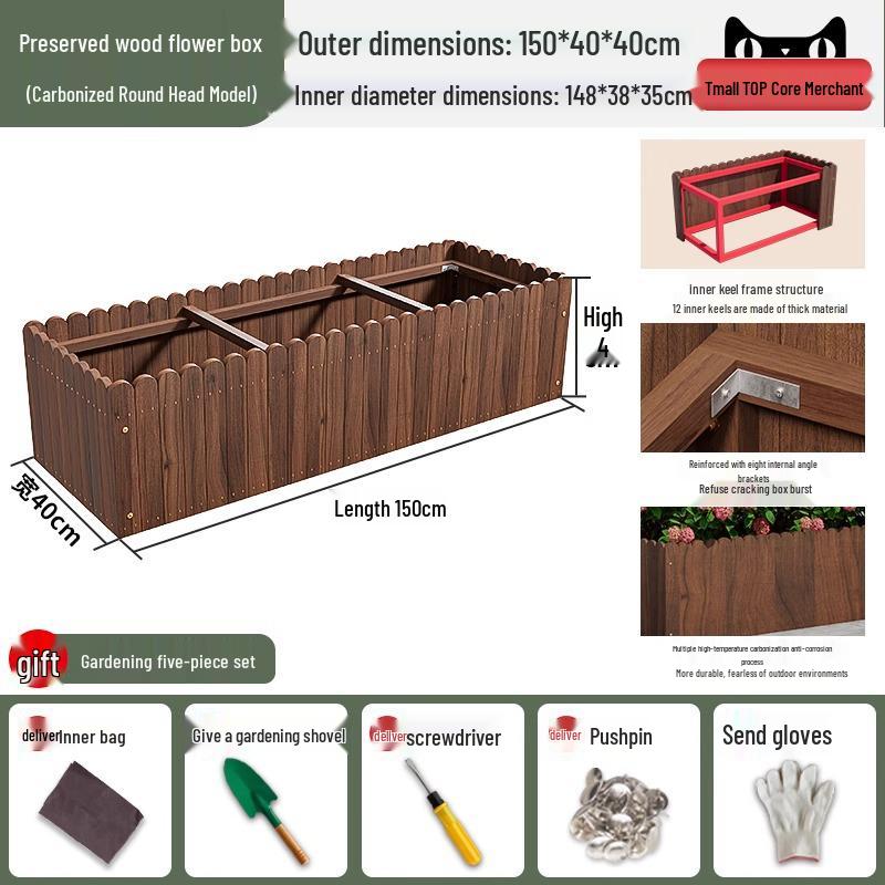 Carbonized Wood Outdoor Planter Box – Antiseptic Rectangular Flower Trough for Home, Courtyard, or Balcony.