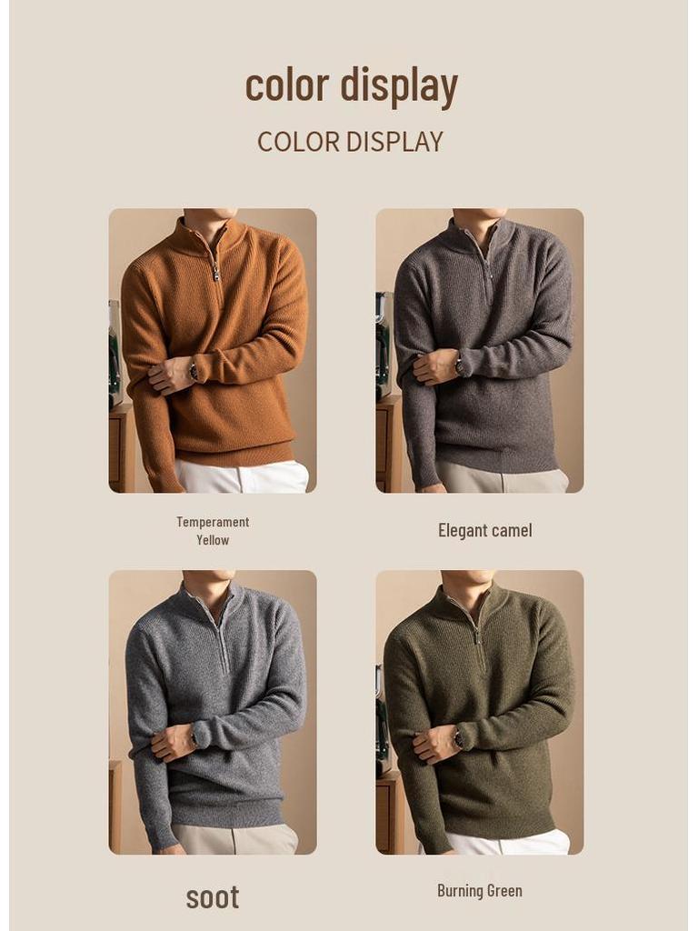 Men's 100% Wool High Collar Zipper Sweater - Thick, Warm Knitted Base Layer for Autumn/Winter