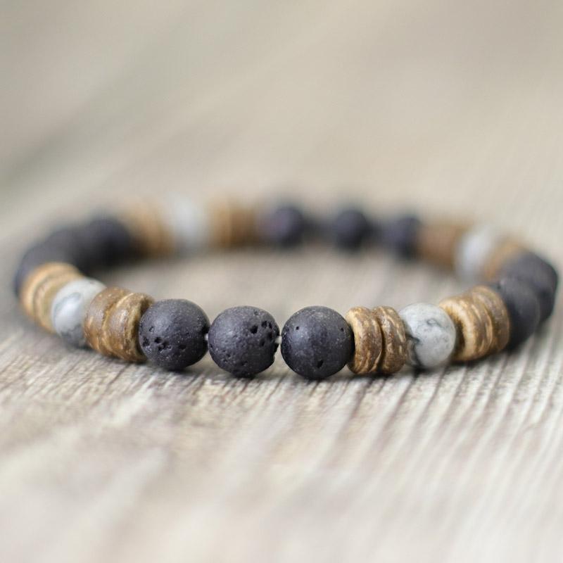 Nieuwe Handgemaakte Natuurlijke Houten Armband Voor Mannen 8mm Tijgeroog Vulkanisch Steen Armband Cadeau Voor Vriend Sanskriet Pulseras Punk Sieraden