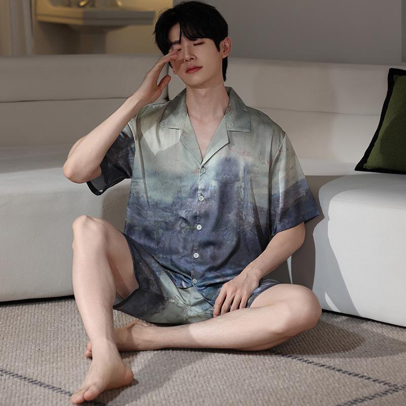 Ice Silk Pajamas Men's Summer 1011 New Short-sleeved Cardigan Set, Thin Breathable and Cool, and Large-size Loungewear
