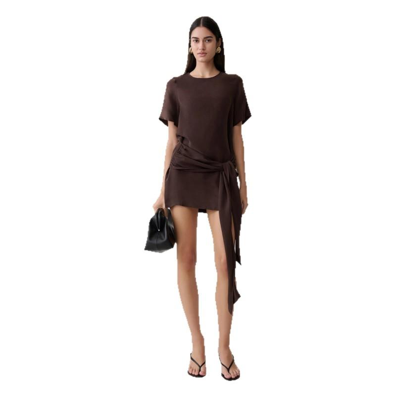 Womens Loose Fit Short Sleeve Wrap Skirt Dress Pure Color High Waist Bodycon Midi Vacation Casual Wear