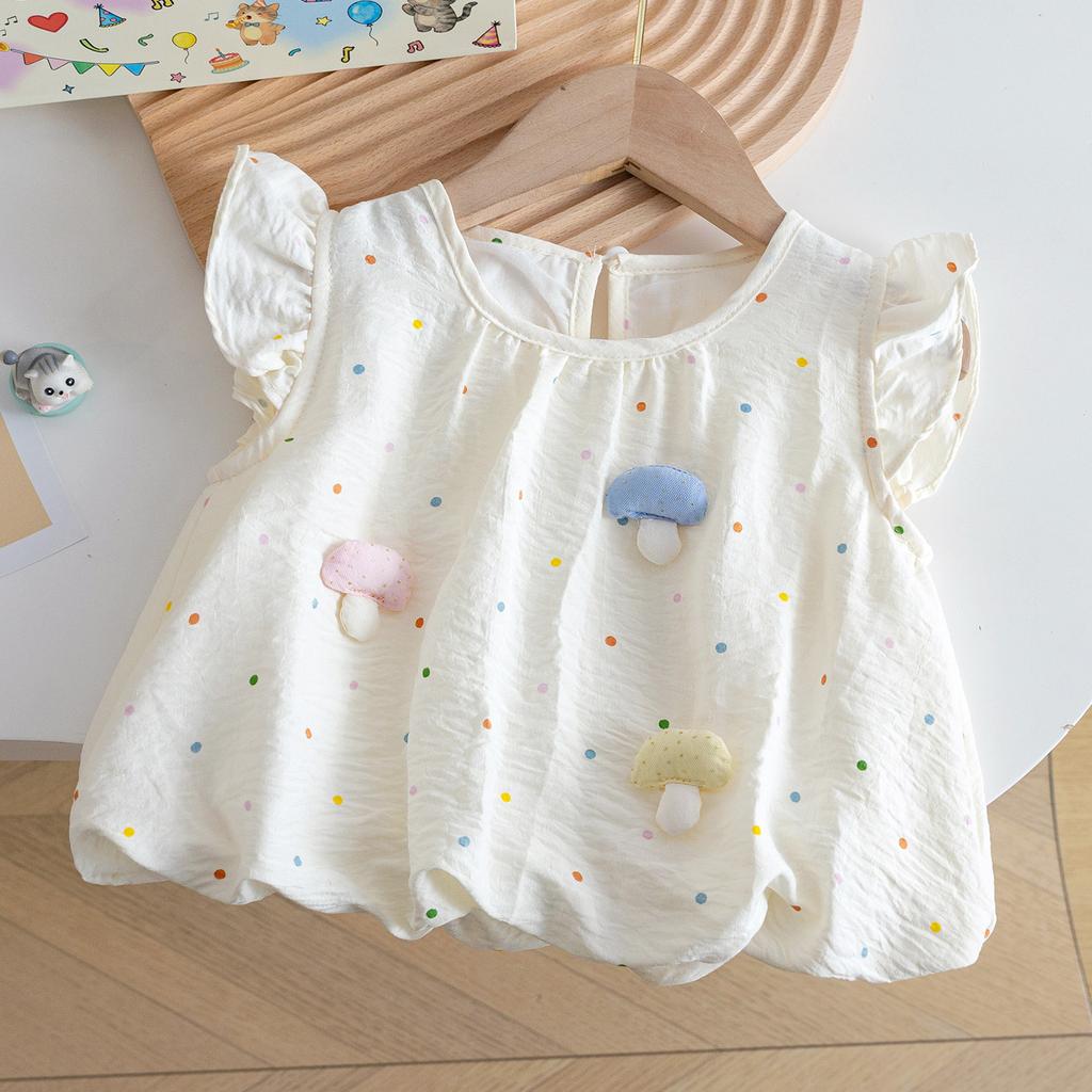 Girls Summer Sweet Polka Dot Top With 3D Mushroom Cap Sleeves And Bud Pants Cute Two Piece Outfit Set