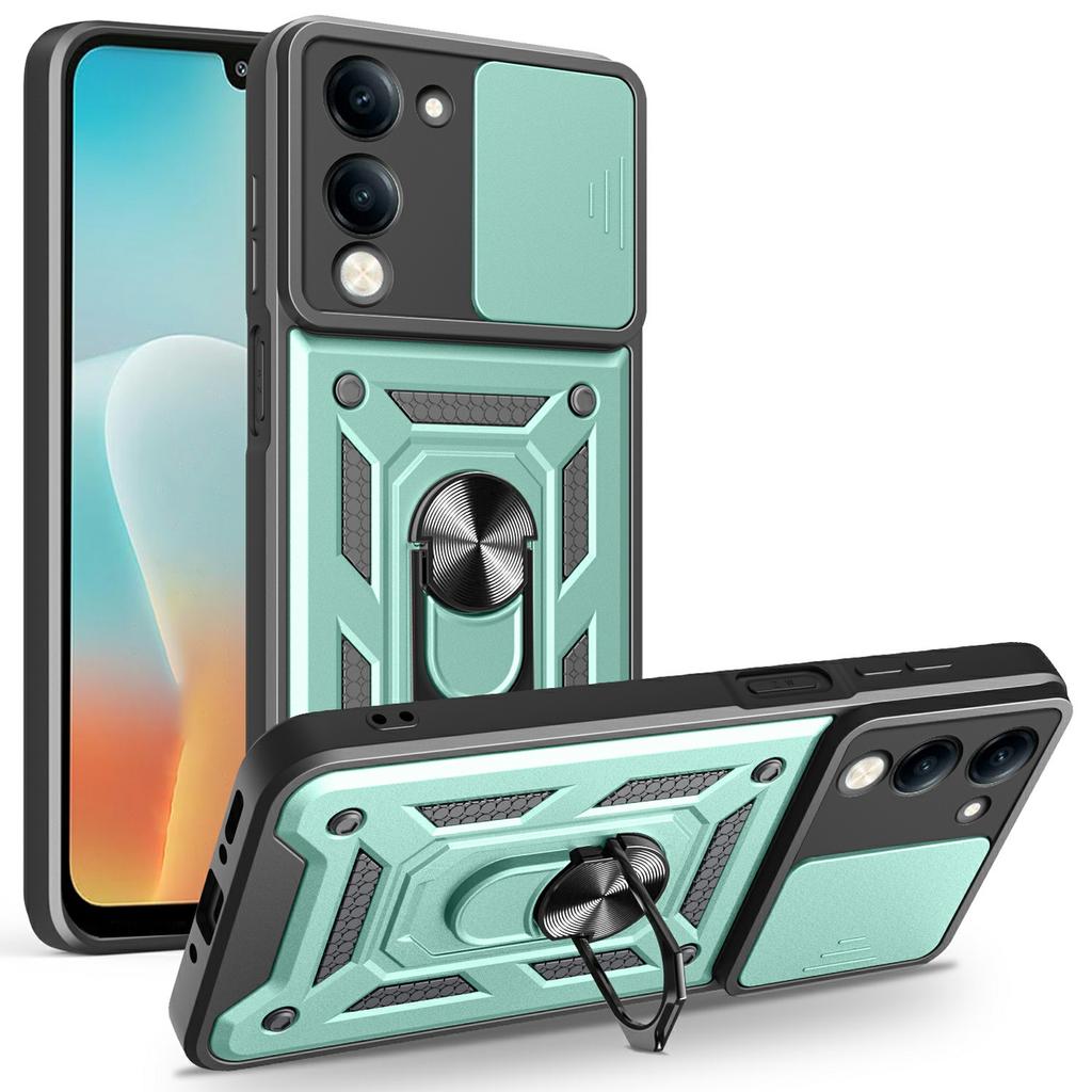 For vivo Y29s 5G/Y04 4G Case with Slide Camera Lid PC+TPU Kickstand Phone Cover