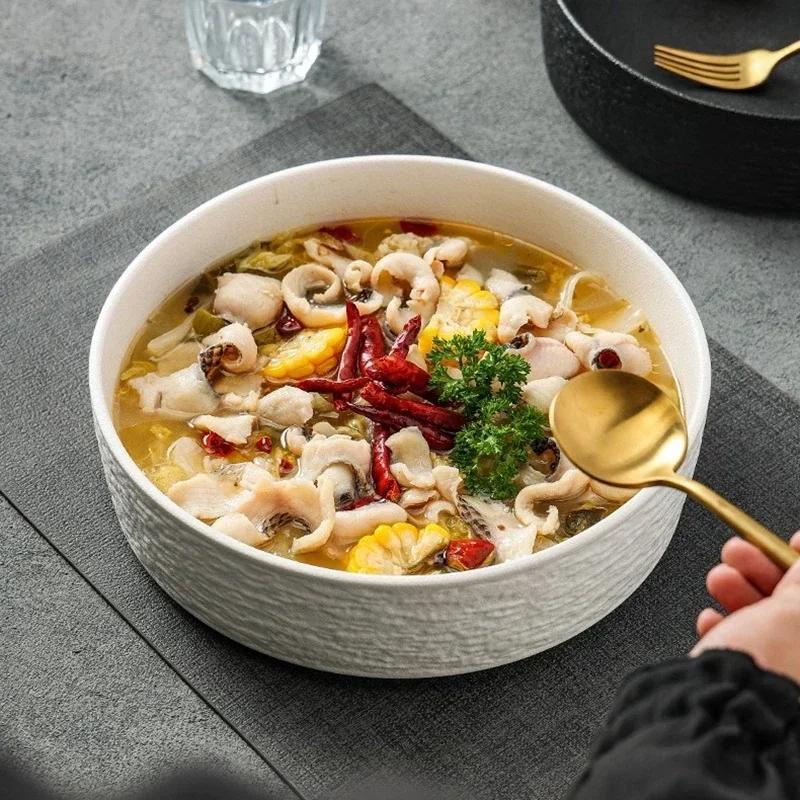 10inch Frosted Matte Finish Soup Bowl Black White Ceramics Stone Pattern Home Hotels Restaurant Big Bowl Porcelain Tableware