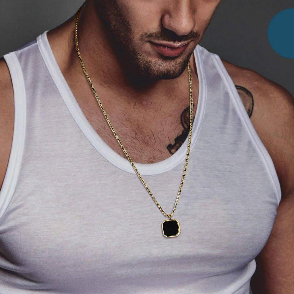 Vnox Stylish Mens Geometric Necklace with Black Enamel, Stainless Steel Metal Double Layered Chain Collar, Unique Gifts for Men