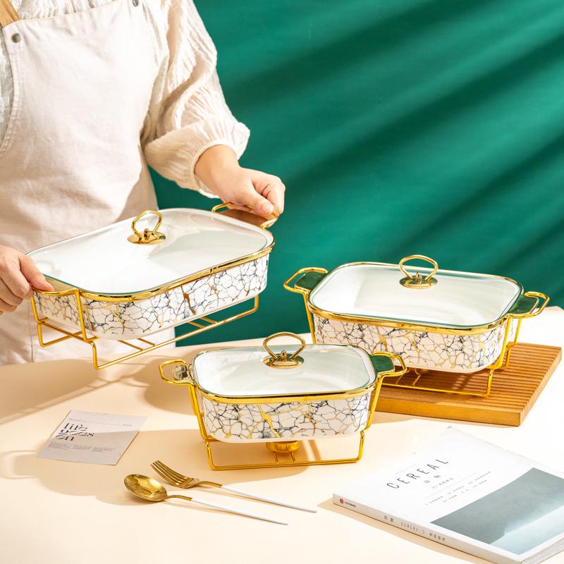 Luxury Ceramic Tableware Set: Rectangular Baking Pan, Casserole Stand, Candle-Heated Soup & Dry Pot