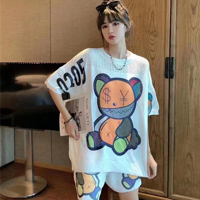 

Trendy Women s 2025 Summer Oversized Hollow-Out Bear Top & Shorts Set One Size