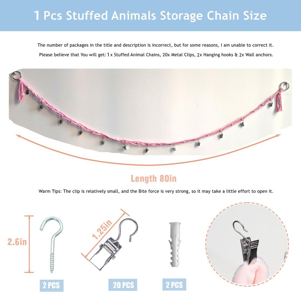 Cotton Plush Animal Storage Rope with 20 Metal Clips, Wall-mounted Hanging Storage Rack, Suitable for Kindergarten Playrooms