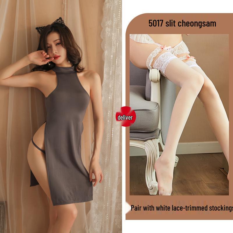 Plus Size Night Oath Tiffi High Slit Ice Silk Cheongsam Lingerie Dress