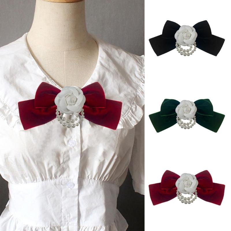 Camellia Flower Bow Corsage Brooch Pins Pearls Tassels Bowknot Collar Bow Tie