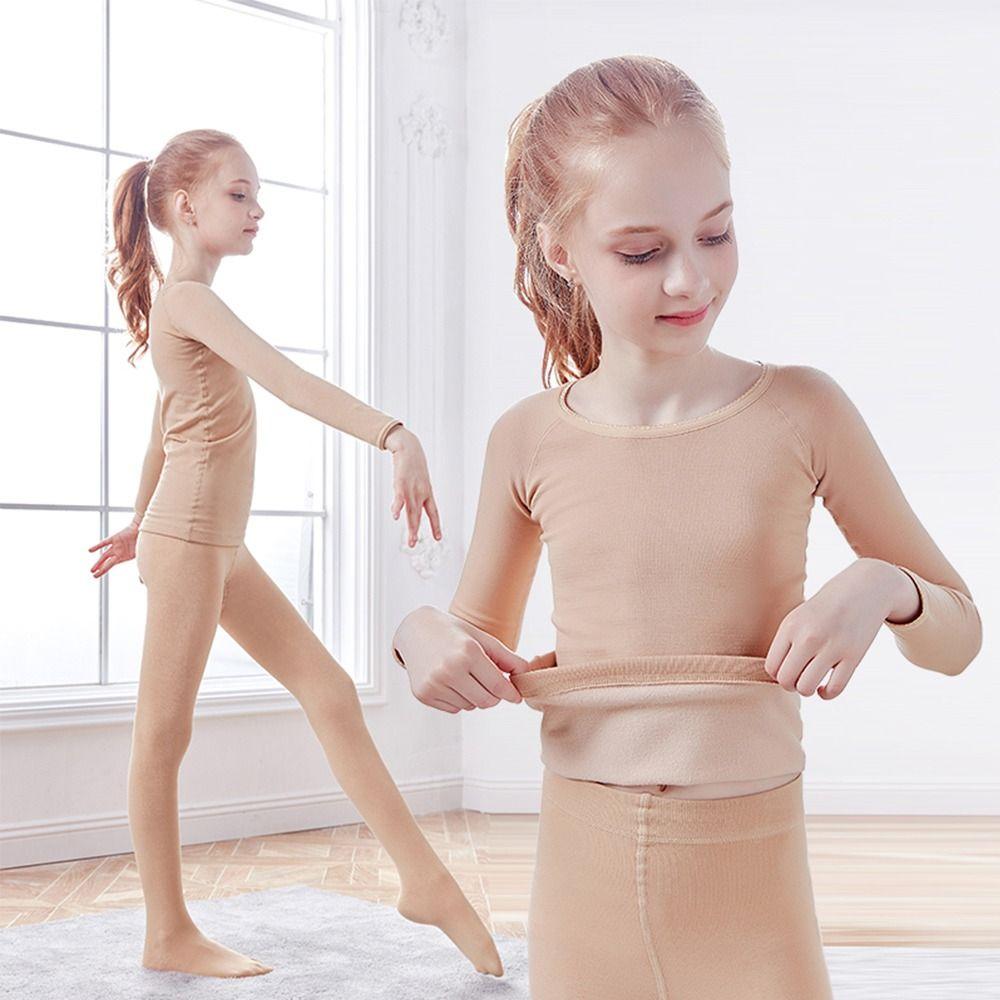 Fashion Winter Thermal Underwear Suits Nude Color Fleece Dance Tights Warm Stretch Leotard