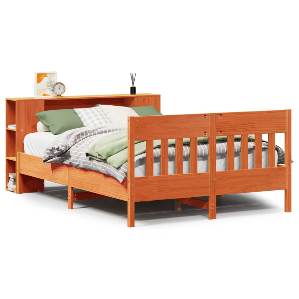 Solid Wood Bed with Shelf Without Mattress Wax Brown 135 x 190 cm