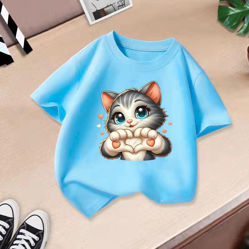 Children's Casual Short-sleeved T-shirt - Summer Boys' and Girls' Casual Cute Cat T-shirt