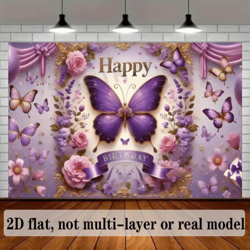 2D Elegant Purple Butterfly Floral Birthday Backdrop for Photoshoot