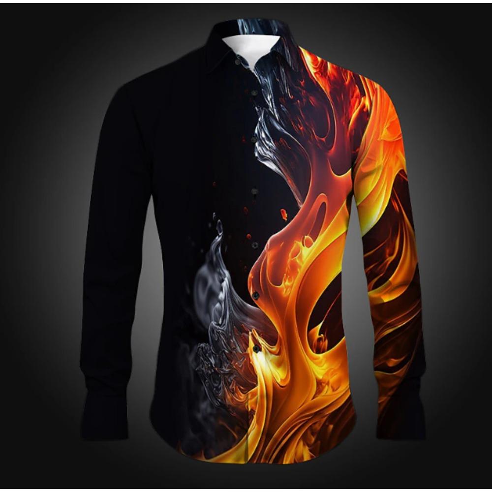 Herren Flammenprint Langarmshirts Lässiger Cardigan Neue Knöpfe Urlaubsmode Hemden