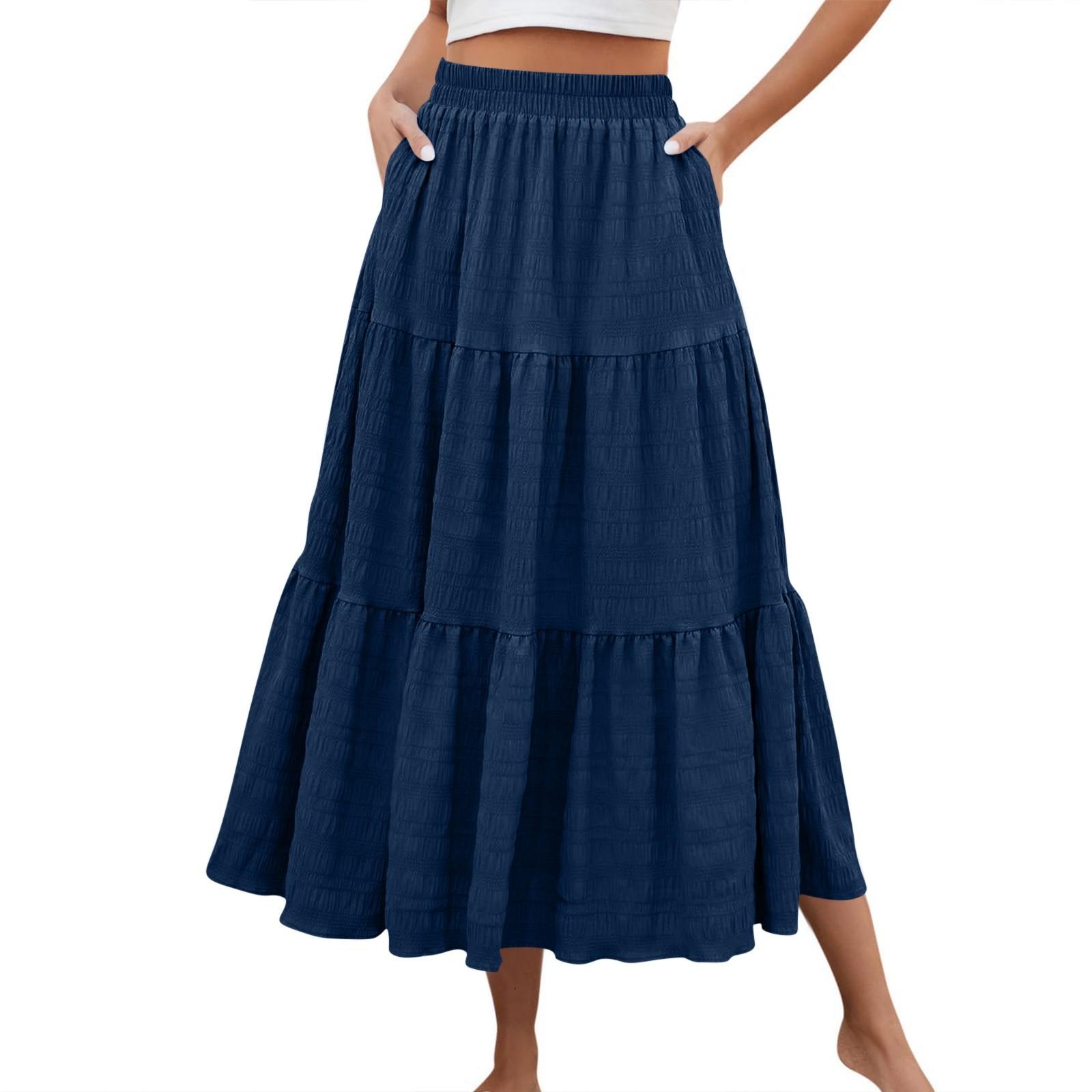 

Women s Fashion Summer Bohemian Color Elastic Waist A-line Pocket Half Length Skirt XXL Темно-синій
