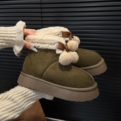 Cute Hairball Platform Snow Boots Women's Warm Plush Thickened Cotton Shoes Fluffy Short Boots