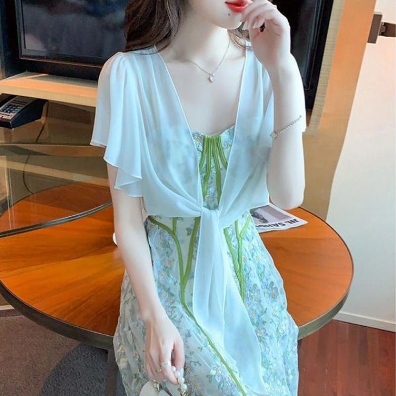 Moda Estate Piccolo Sciarpa Donna Estate Scollo a V Profondo Sottile Canotta Cardigan Camicia Top Elegante Ampio Traspirante Chiffon Abbigliamento Protezione Solare