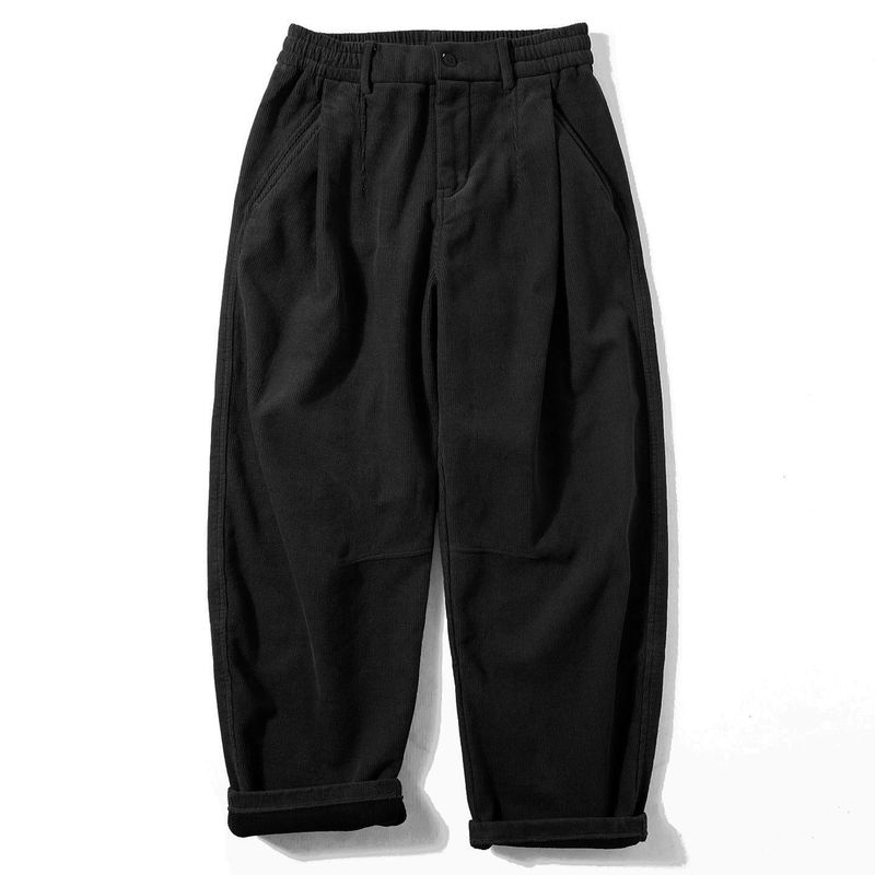 Corduroy Pants for Men, Winter Fleece-Lined, Thickened, American Retro Casual Long Pants, Loose Straight Wide-Leg Corduroy Pants, Trendy Black 2XL