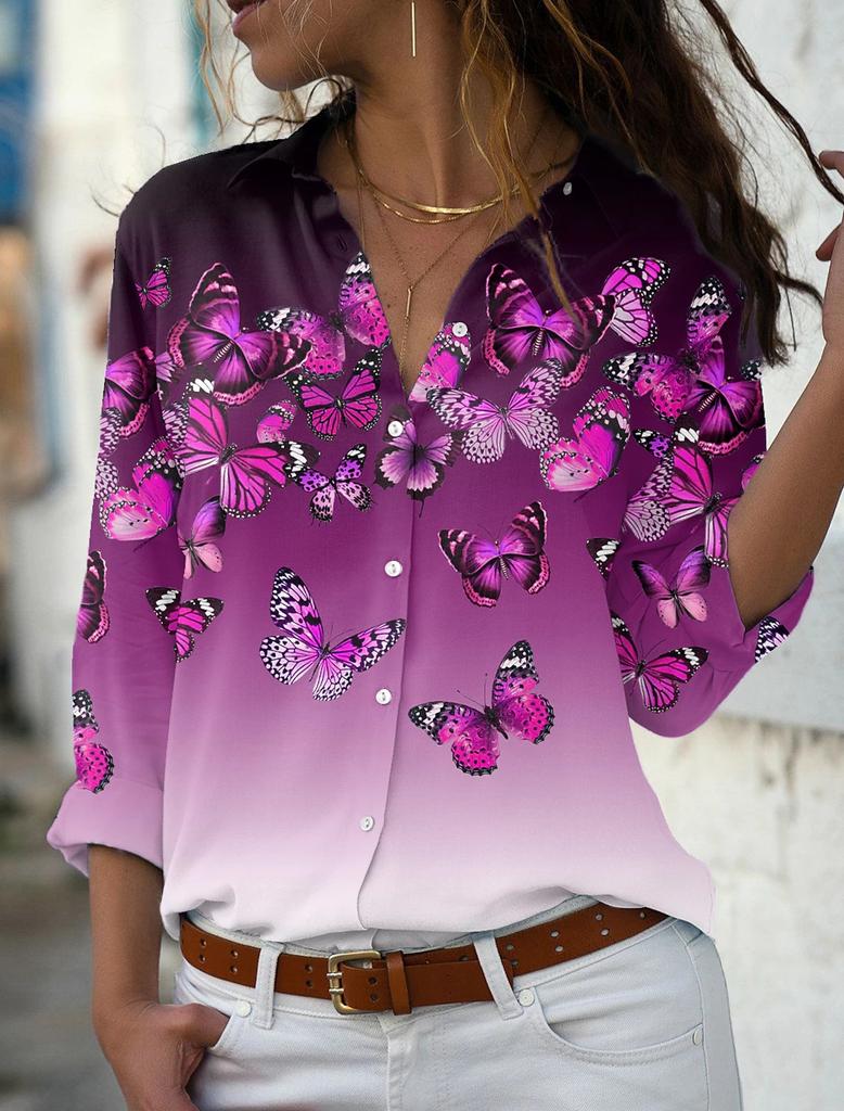 Women's Shirt Blouse Butterfly Gradient Printing Button Long Sleeve Casual Fashion Standing Collar Spring and Autumn Blouse