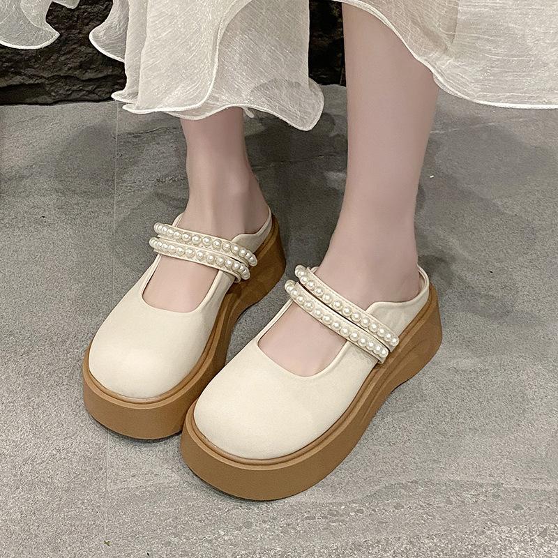 2025 Summer New Women's Shoes Muffin Platform Mary Jane Shoes Pearl Bag Head Slippers Casual Versatile Half Drag 2025