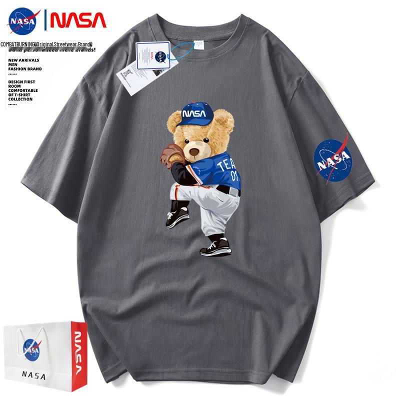 Men's NASA Co-branded Bear Print Crew Neck Cotton T-Shirt - Short Sleeve, Casual Streetwear, Plus Size Available