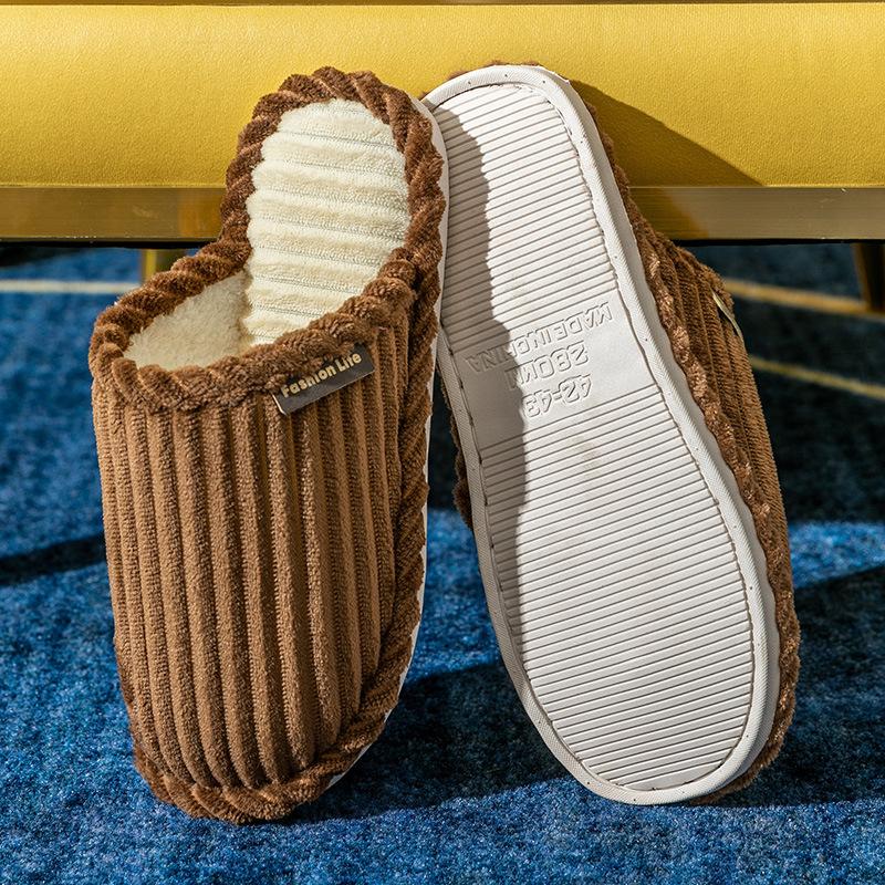 Simple solid color cotton slippers, warm and non-slip for home use in autumn and winter, couple's premium plush slippers